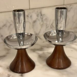 Vintage MCM Danish Chrome and Teak Candleholders